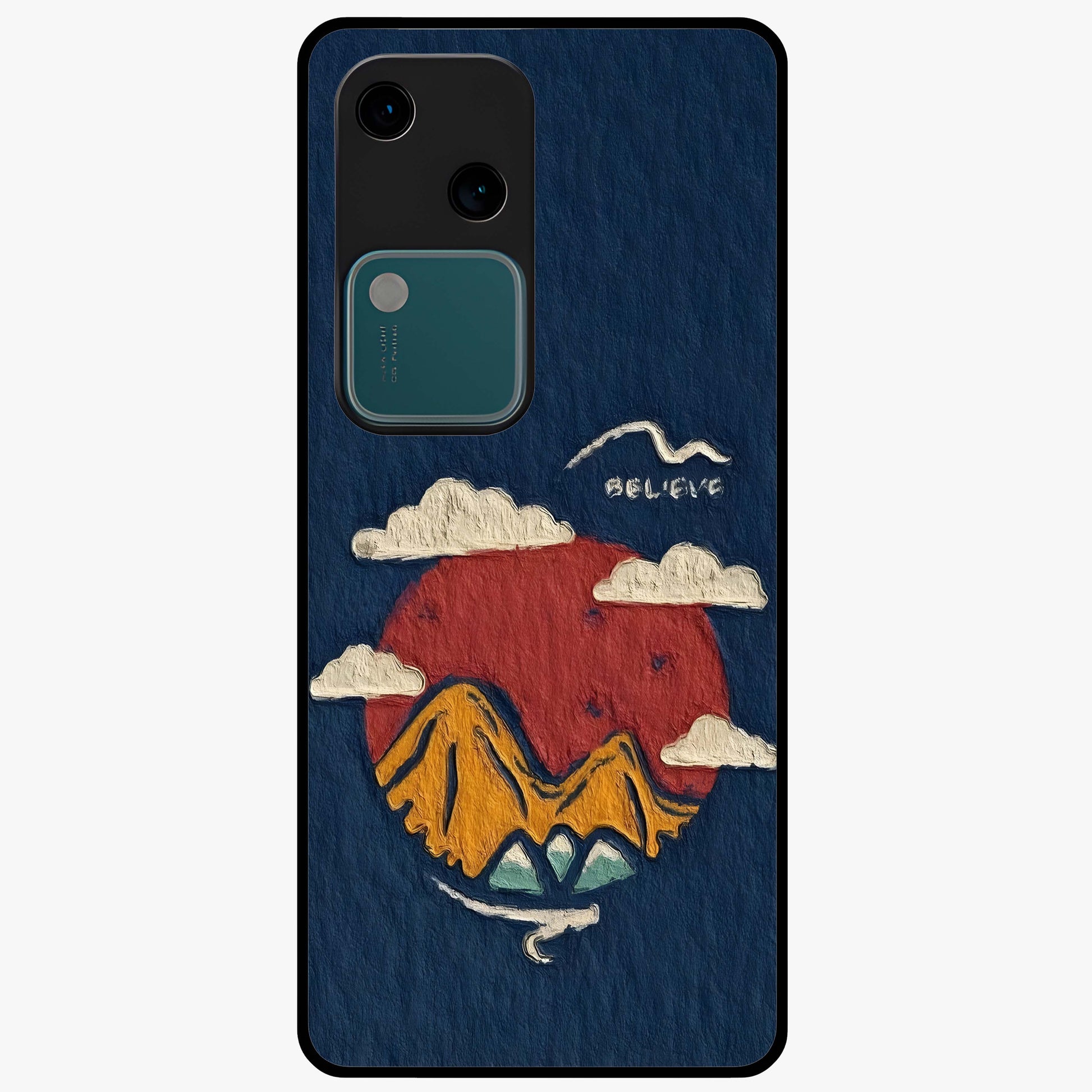 Dream Beyond Mountains Glass Case showing flat back view with scenic mountain landscape artwork and glossy glass finish.