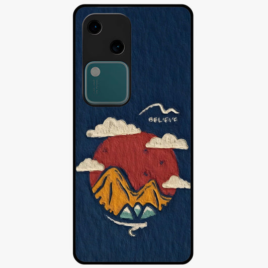 Dream Beyond Mountains Glass Case showing flat back view with scenic mountain landscape artwork and glossy glass finish.