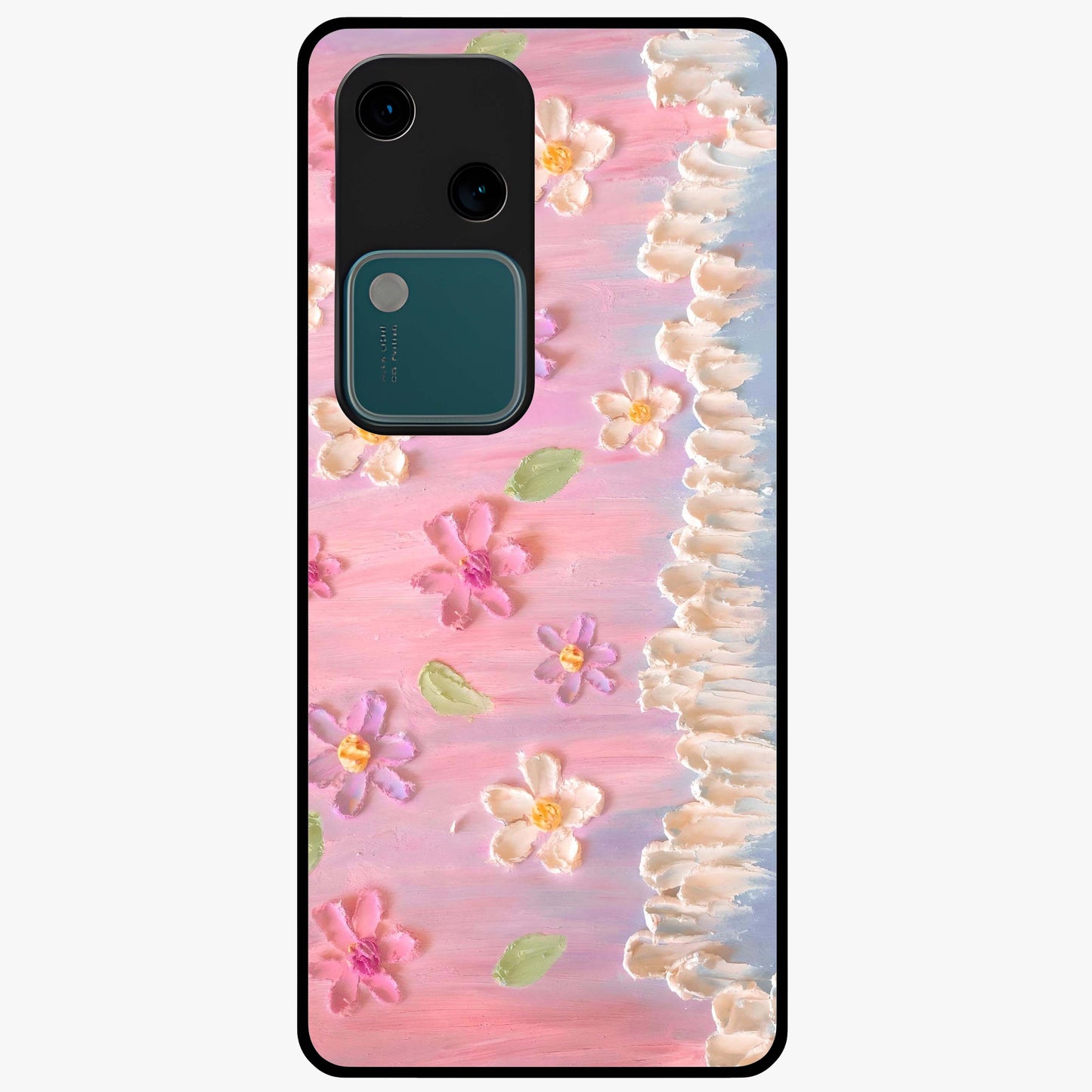 Dreamy Painted Garden Glass Case showing flat back view with artistic painted floral garden artwork and glossy glass finish.