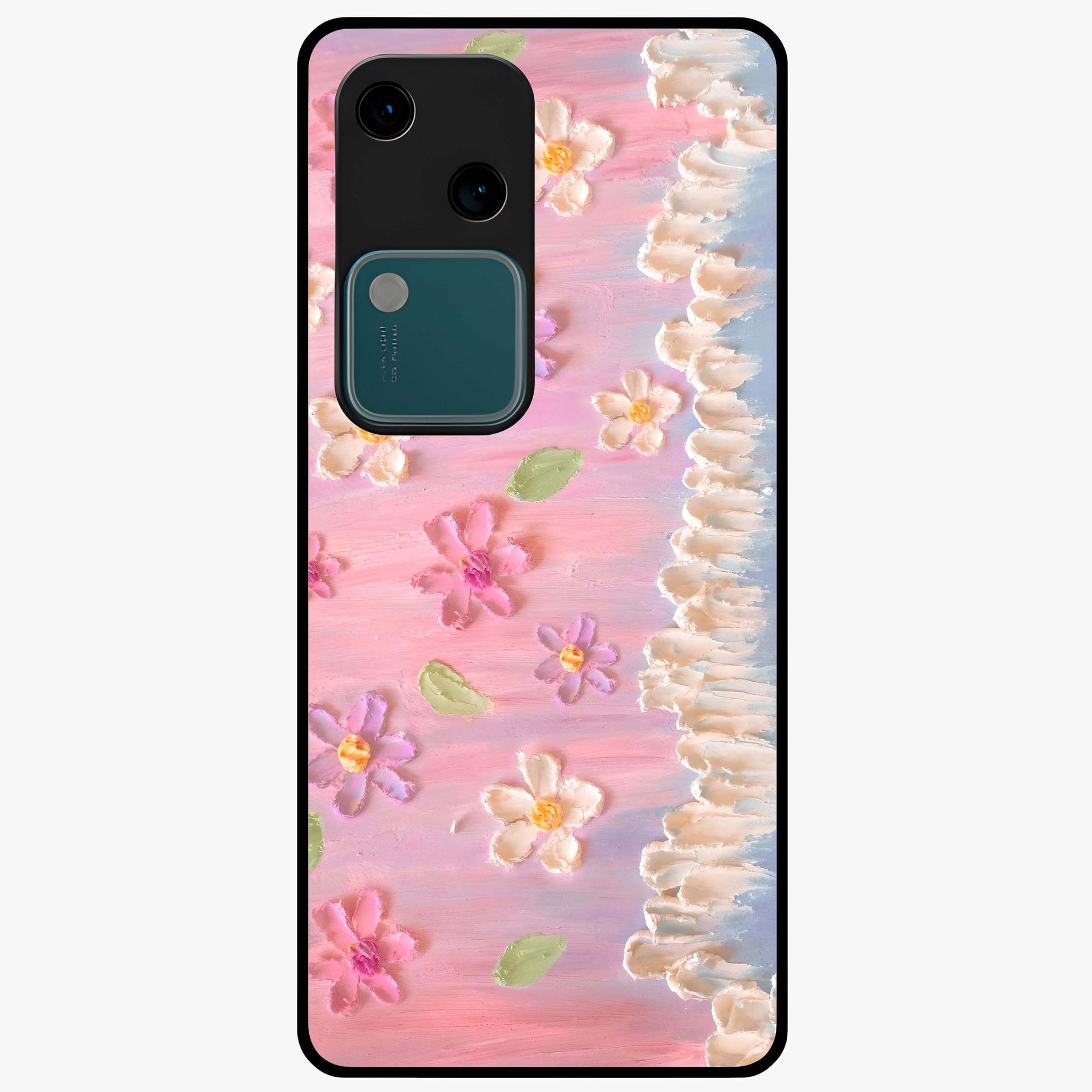 Dreamy Painted Garden Glass Case showing flat back view with artistic painted floral garden artwork and glossy glass finish.
