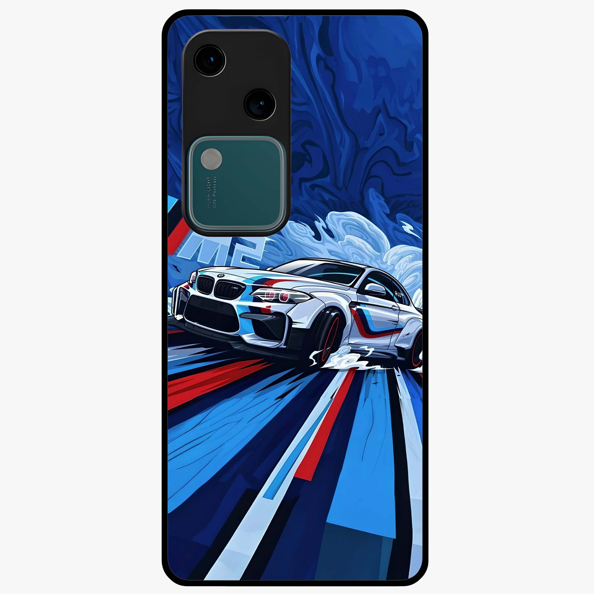 Drift Power Rush Glass Case showing flat back view with dynamic racing inspired artwork and glossy glass finish.