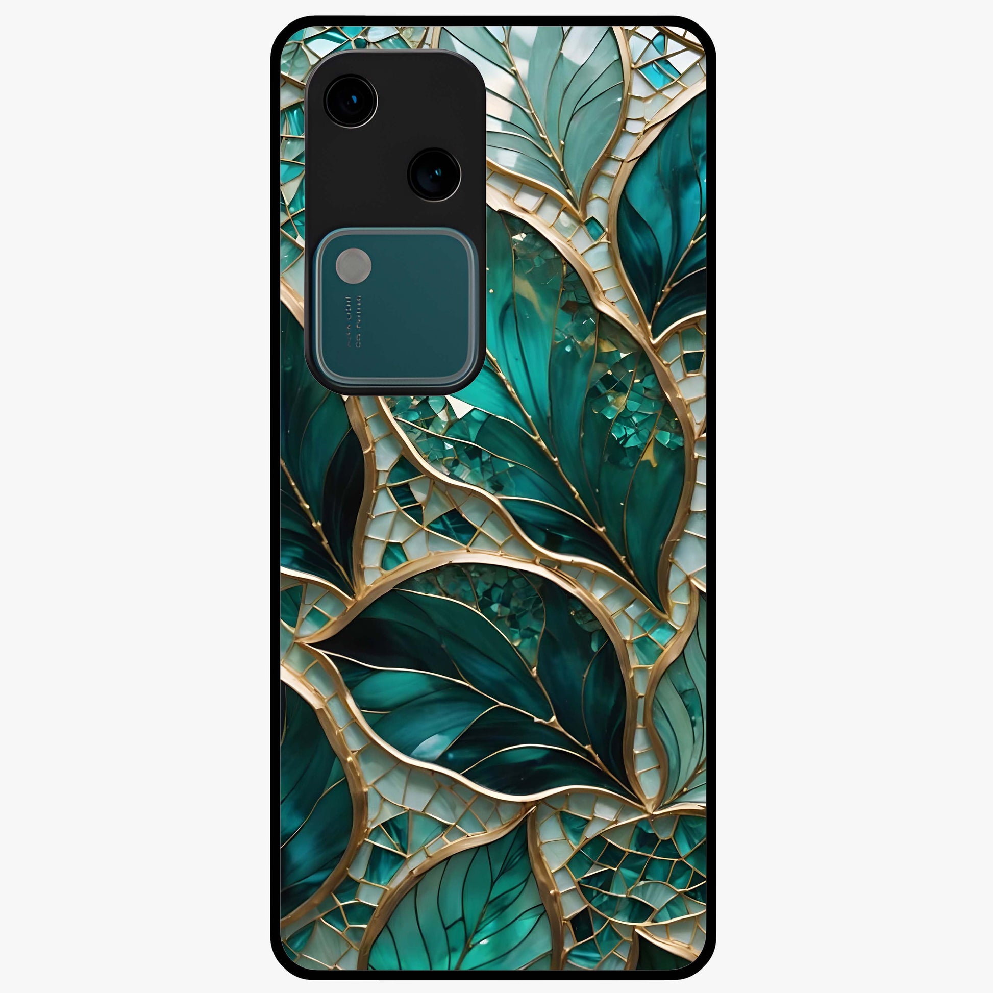 Emerald Leaf Glass Glass Case showing flat back view with emerald green leaf artwork and glossy glass finish.