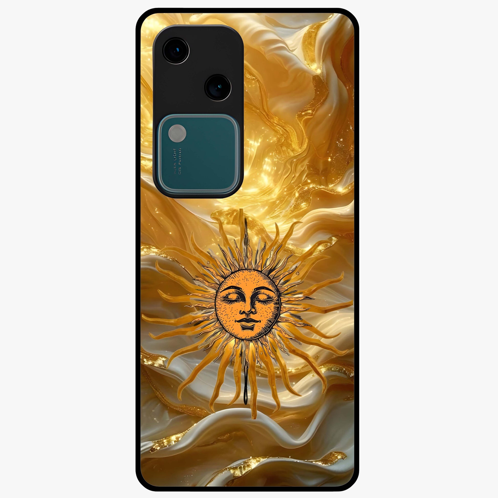 Eternal Golden Glow Glass Case showing flat back view with radiant golden themed artwork and glossy glass finish.