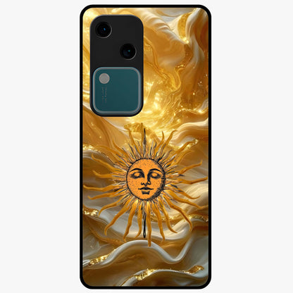 Eternal Golden Glow Glass Case showing flat back view with radiant golden themed artwork and glossy glass finish.