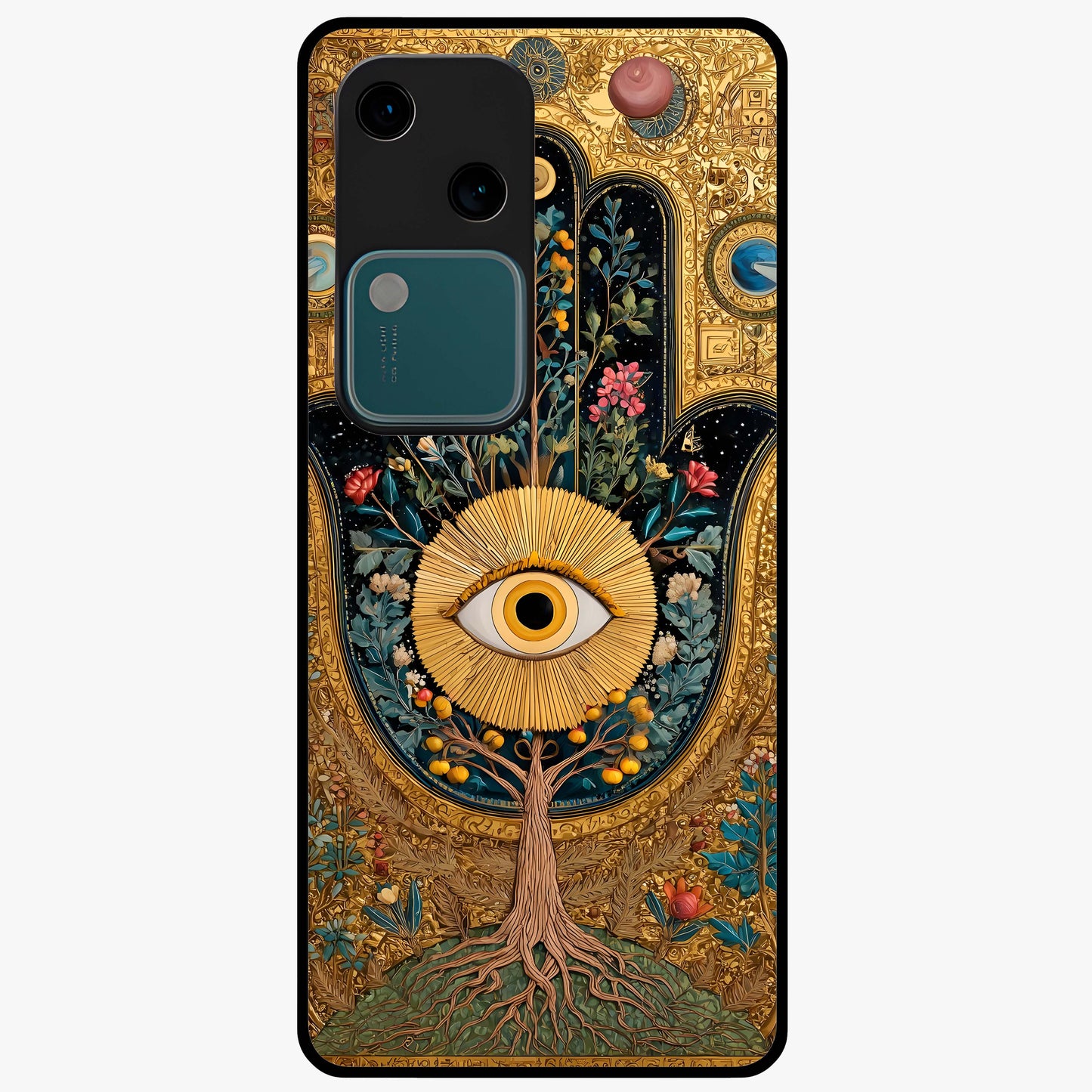 Ethereal Evil Eye Glass Case showing flat back view with mystical evil eye artwork and glossy glass finish.