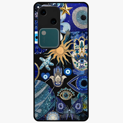 Evil Eye Charm Mix Glass Case showing flat back view with multiple evil eye charms artwork and glossy glass finish.