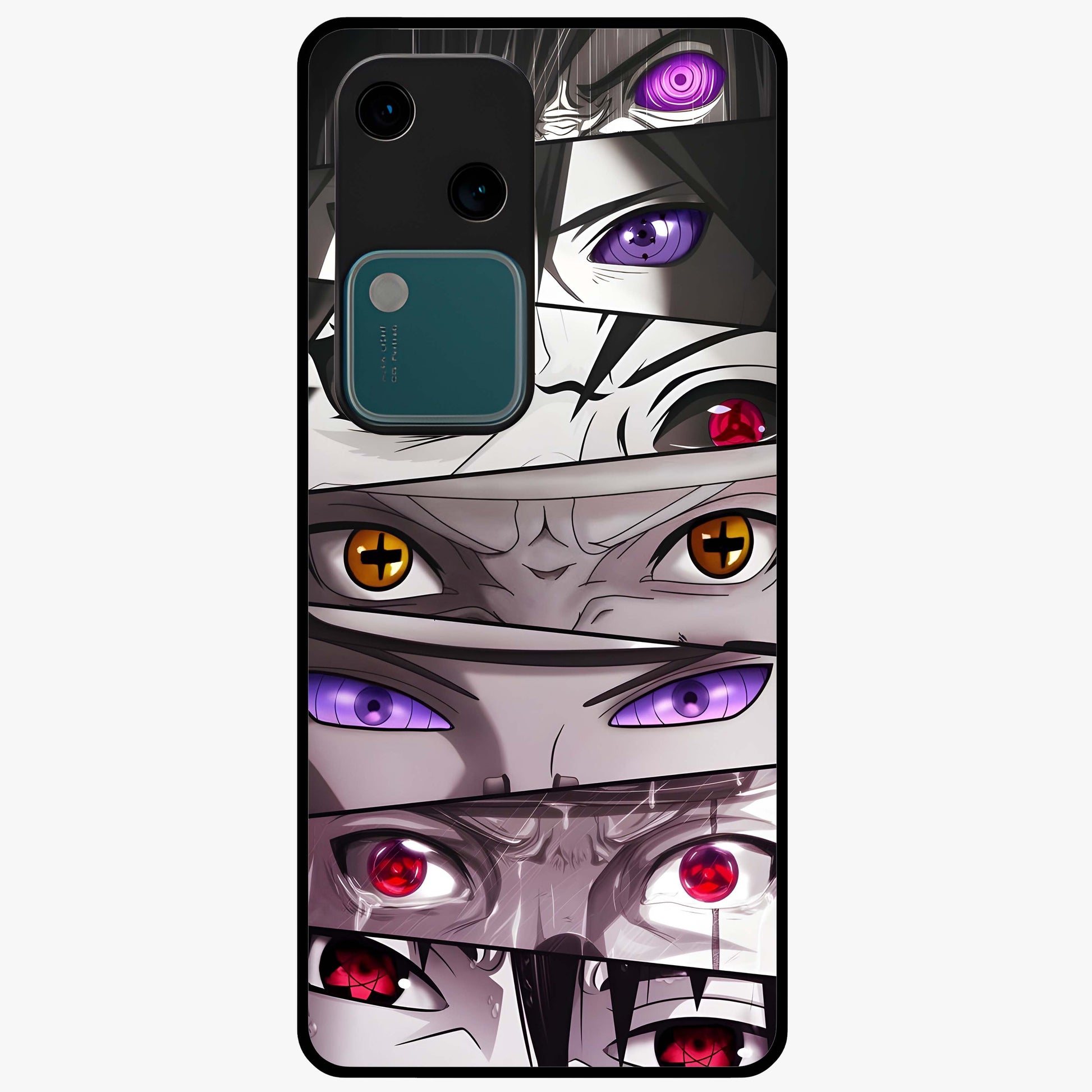 Eyes of Destiny Glass Case showing flat back view with striking eye themed artwork and glossy glass finish.