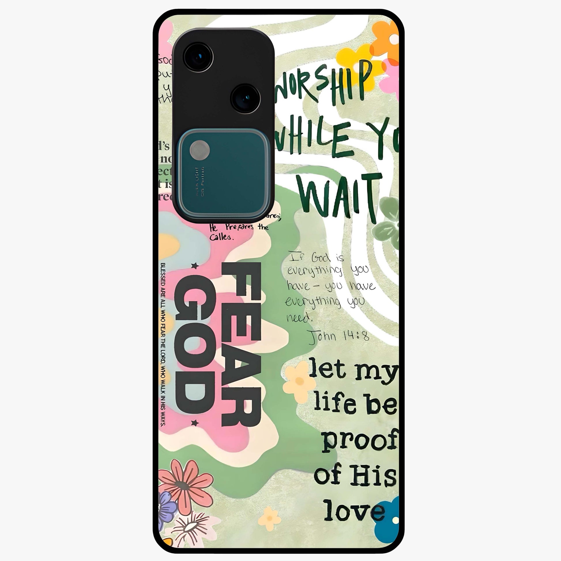 Faith Over Fear Glass Case showing flat back view with motivational typography artwork and glossy glass finish.