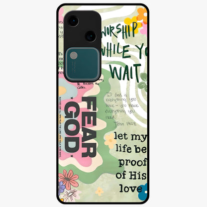 Faith Over Fear Glass Case showing flat back view with motivational typography artwork and glossy glass finish.
