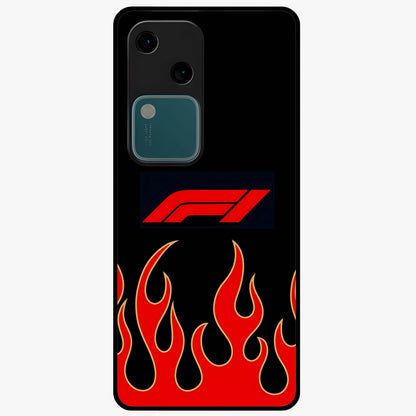 Fire F11 Glass Case showing flat back view with fiery themed artwork and glossy glass finish.