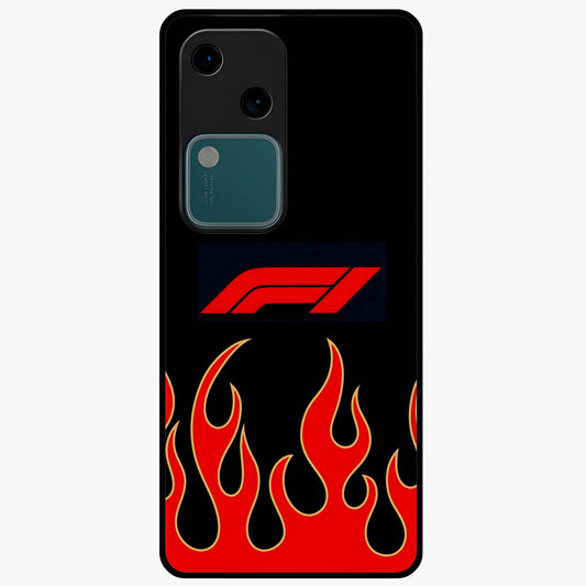 Fire F11 Glass Case showing flat back view with fiery themed artwork and glossy glass finish.