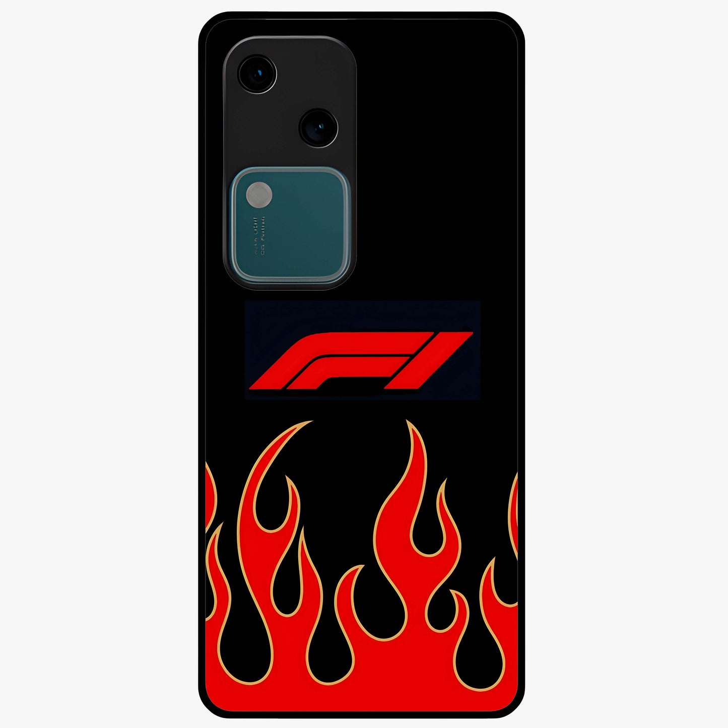 Fire F11 Glass Case showing flat back view with fiery themed artwork and glossy glass finish.