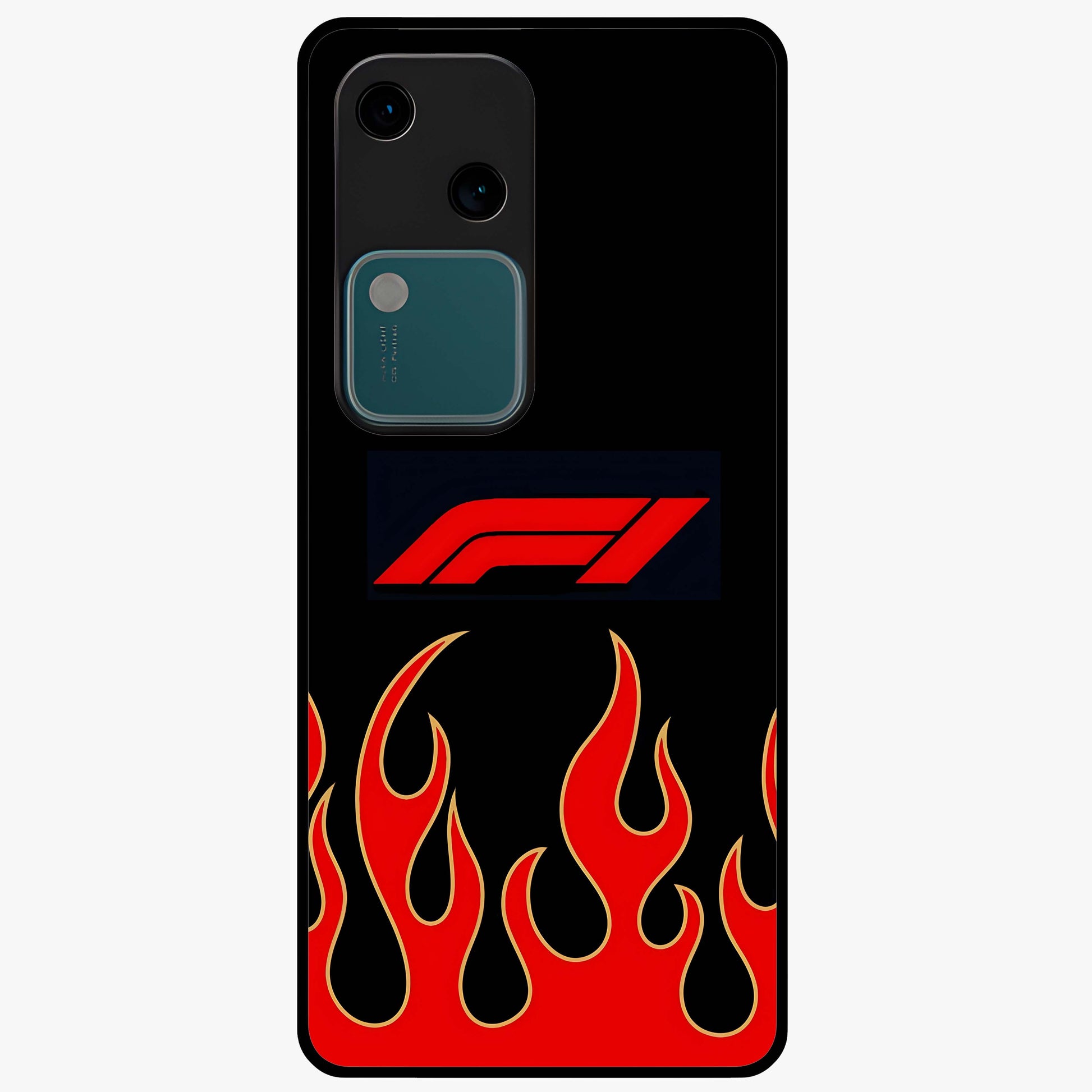 Fire F11 Glass Case showing flat back view with fiery themed artwork and glossy glass finish.
