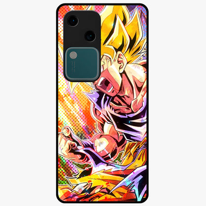 Firing Goku Glass Case showing flat back view with powerful anime inspired artwork and glossy glass finish.