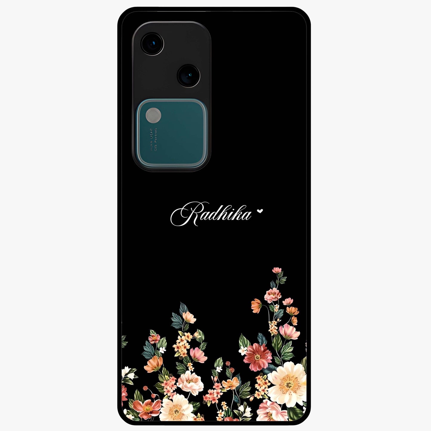 Floral Design With a Custom Personalized Name Glass Case showing flat back view with floral artwork and personalized name design.