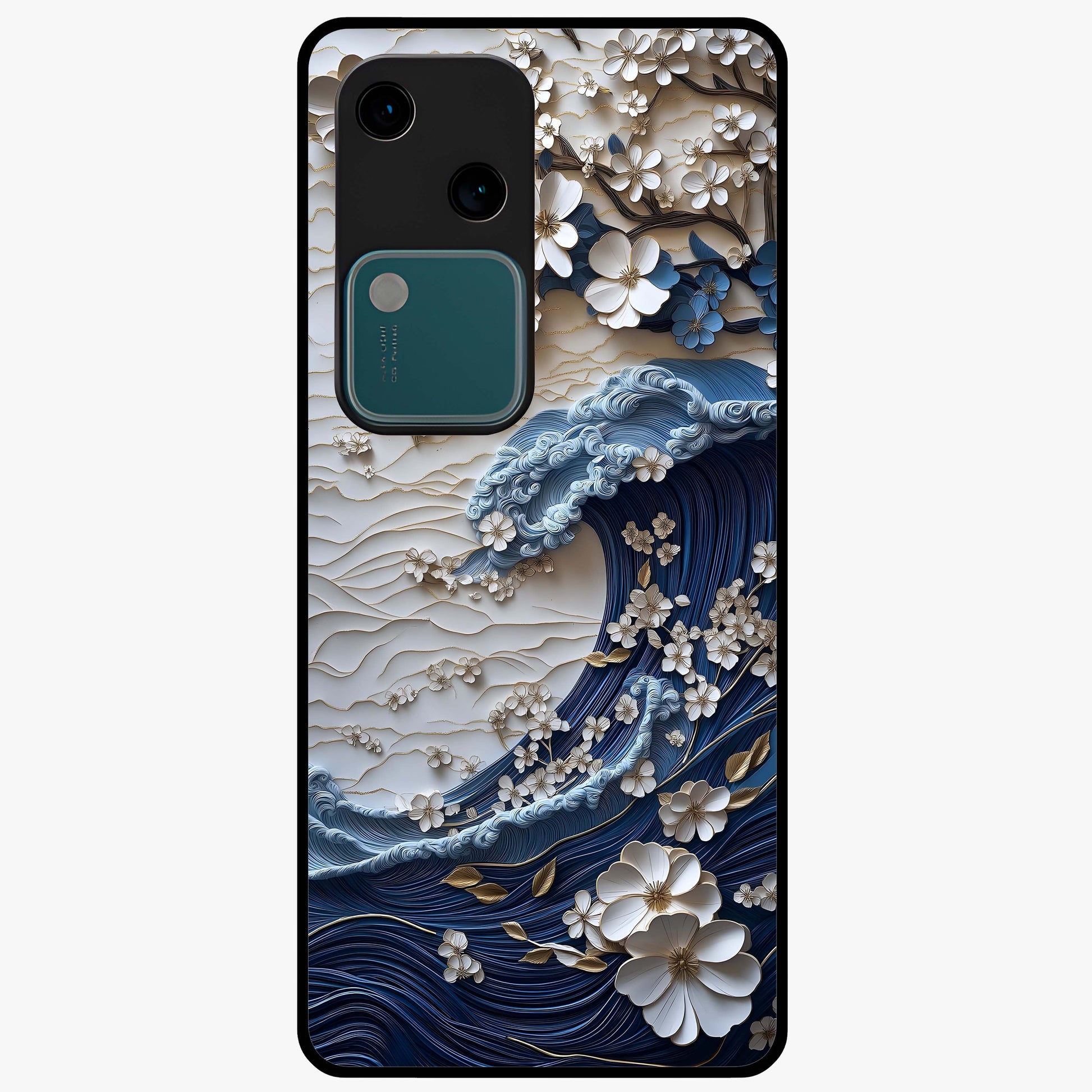 Floral Wave Origami Glass Case showing flat back view with origami inspired floral wave artwork and glossy glass finish.