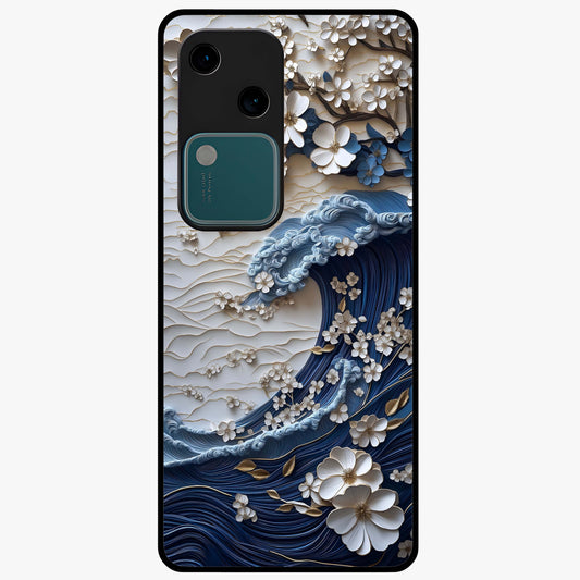 Floral Wave Origami Glass Case showing flat back view with origami inspired floral wave artwork and glossy glass finish.