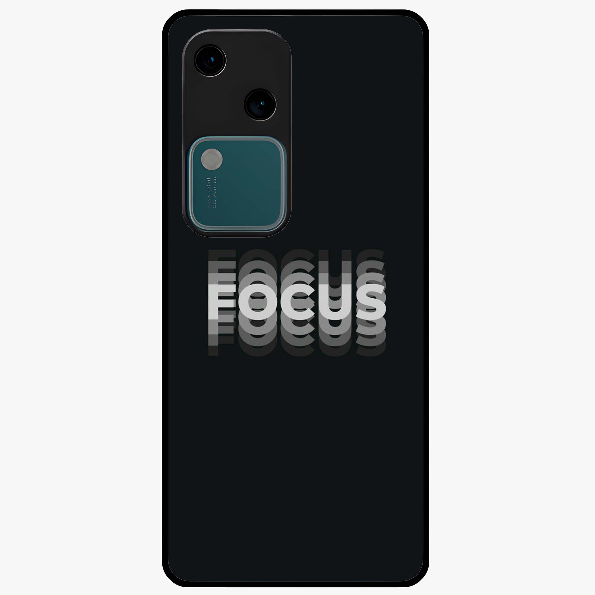 Focus Mode On Glass Case showing flat back view with bold motivational typography design and glossy glass finish.