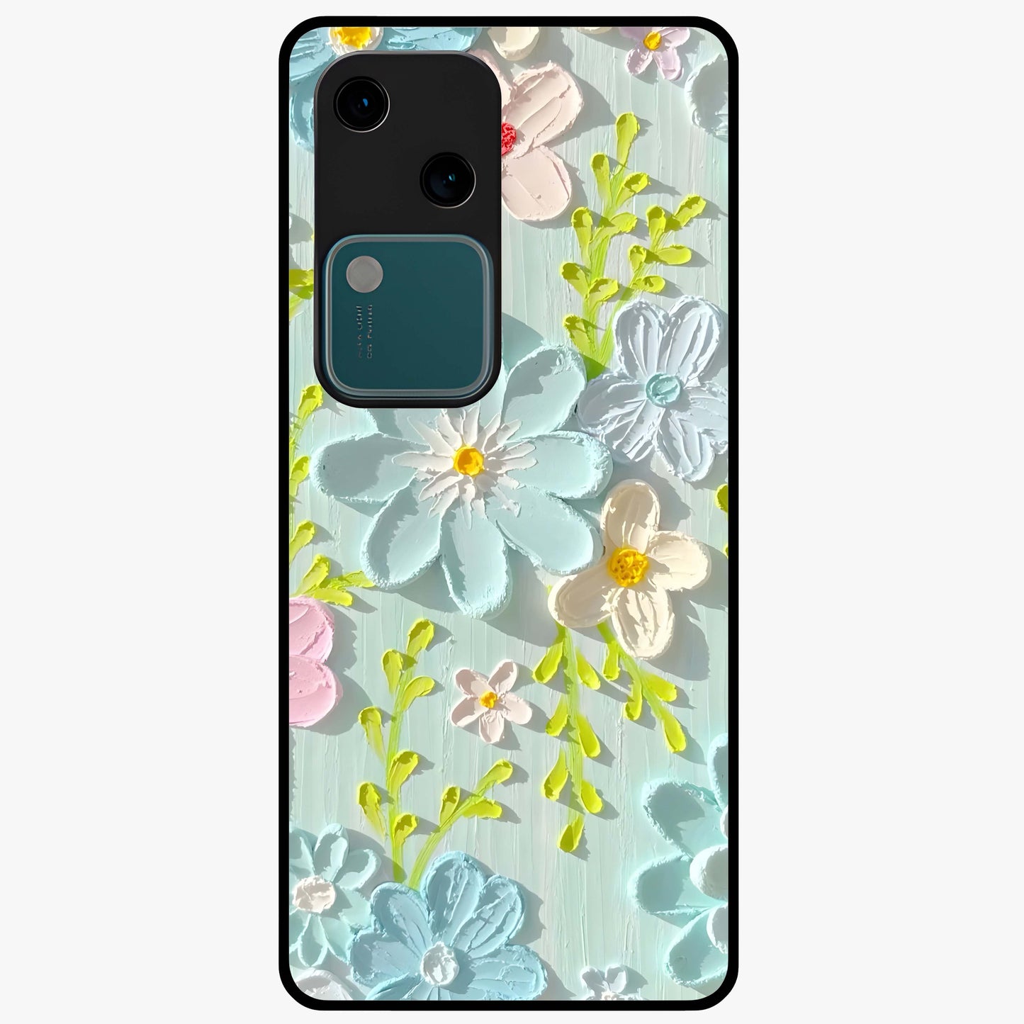 Frosted Petal Garden Glass Case showing flat back view with soft frosted floral artwork and glossy glass finish.