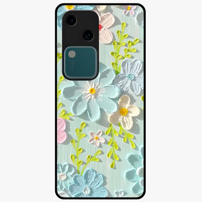 Frosted Petal Garden Glass Case showing flat back view with soft frosted floral artwork and glossy glass finish.