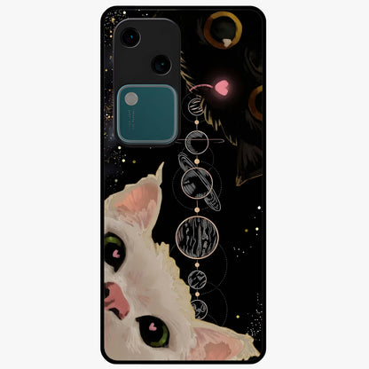 Galactic Cat Glass Case showing flat back view with cosmic cat artwork and glossy glass finish.