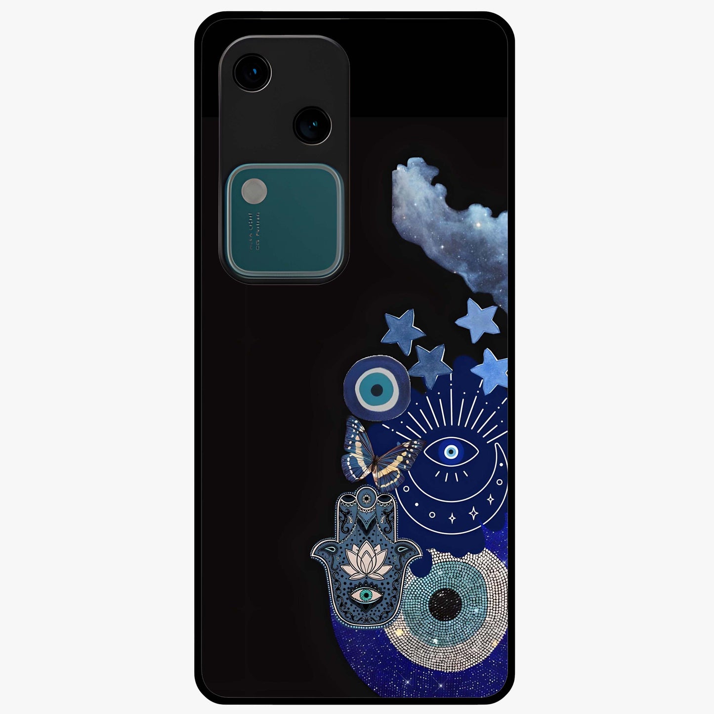 Galactic Charm Cluster Glass Case showing flat back view with glowing celestial charm artwork and glossy glass finish.
