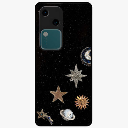 Galactic Charm Glow Glass Case showing flat back view with glowing celestial charm artwork and glossy glass finish.