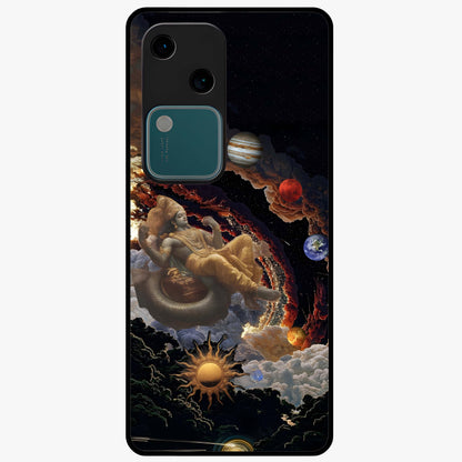 Galactic Divine God Glass Case showing flat back view with divine cosmic themed artwork and glossy glass finish.