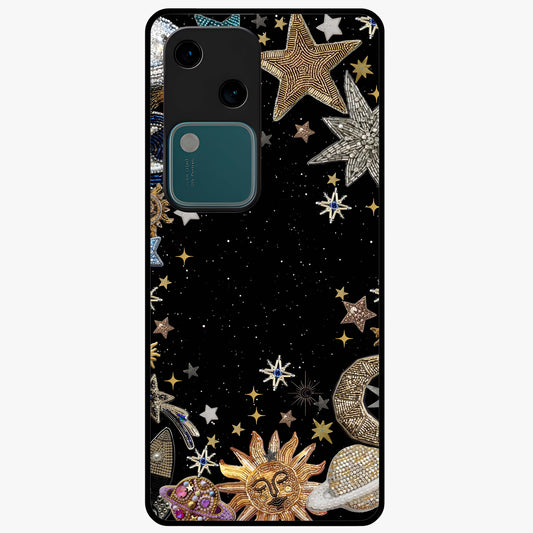 Galactic Jewel Stars Glass Case showing flat back view with sparkling star jewel artwork and glossy glass finish.