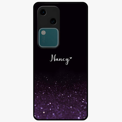 Glittery Purple Bokeh Custom Name Glass Case showing flat back view with purple bokeh sparkle artwork and personalized name design.