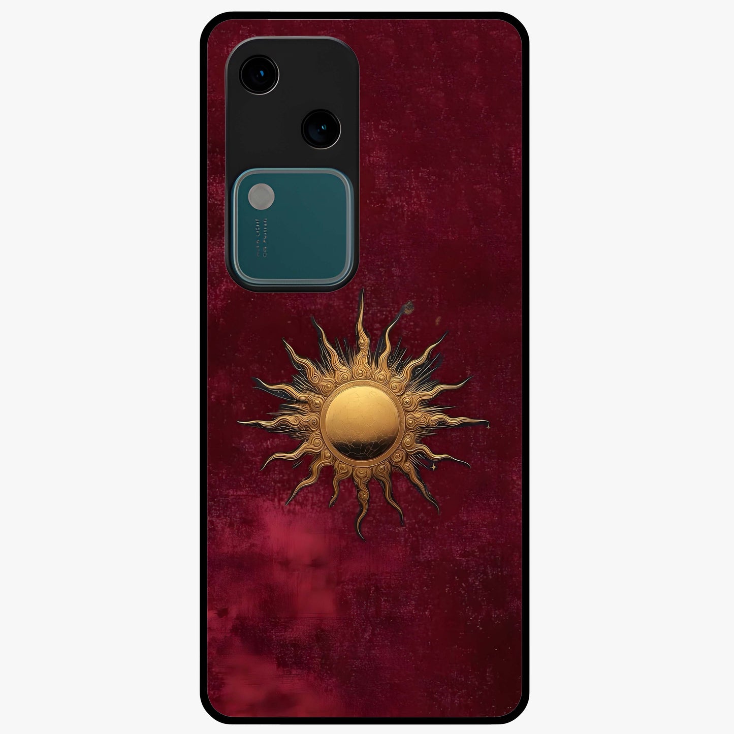 Gold Sun Blush Glass Case showing flat back view with golden sun inspired artwork and glossy glass finish.