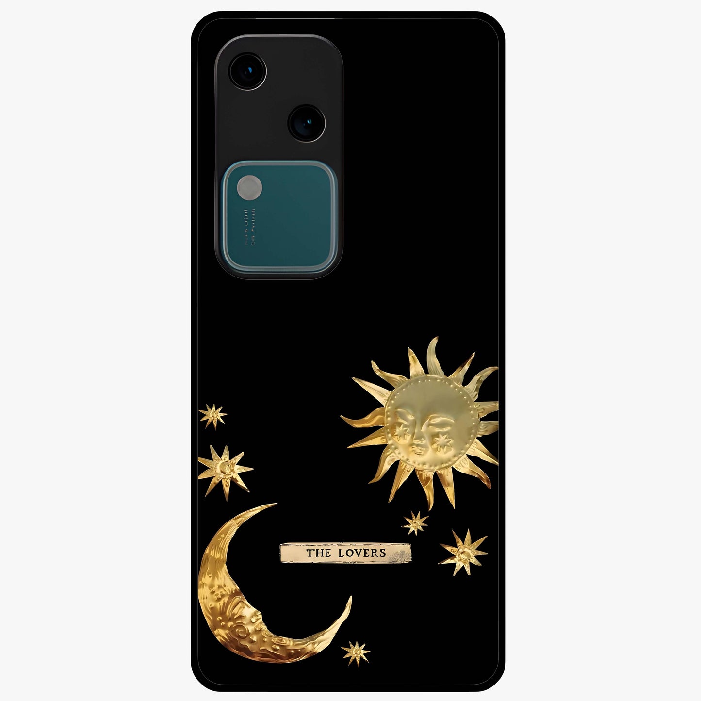Golden Celestial Charm Glass Case showing flat back view with golden celestial charm artwork and glossy glass finish.
