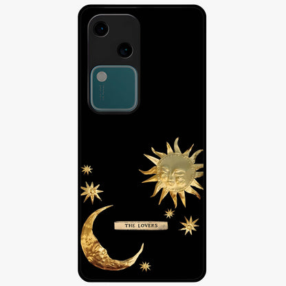 Golden Celestial Charm Glass Case showing flat back view with golden celestial charm artwork and glossy glass finish.