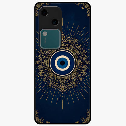 Golden Evil Eye Mandala Glass Case showing flat back view with intricate evil eye mandala artwork and glossy glass finish.