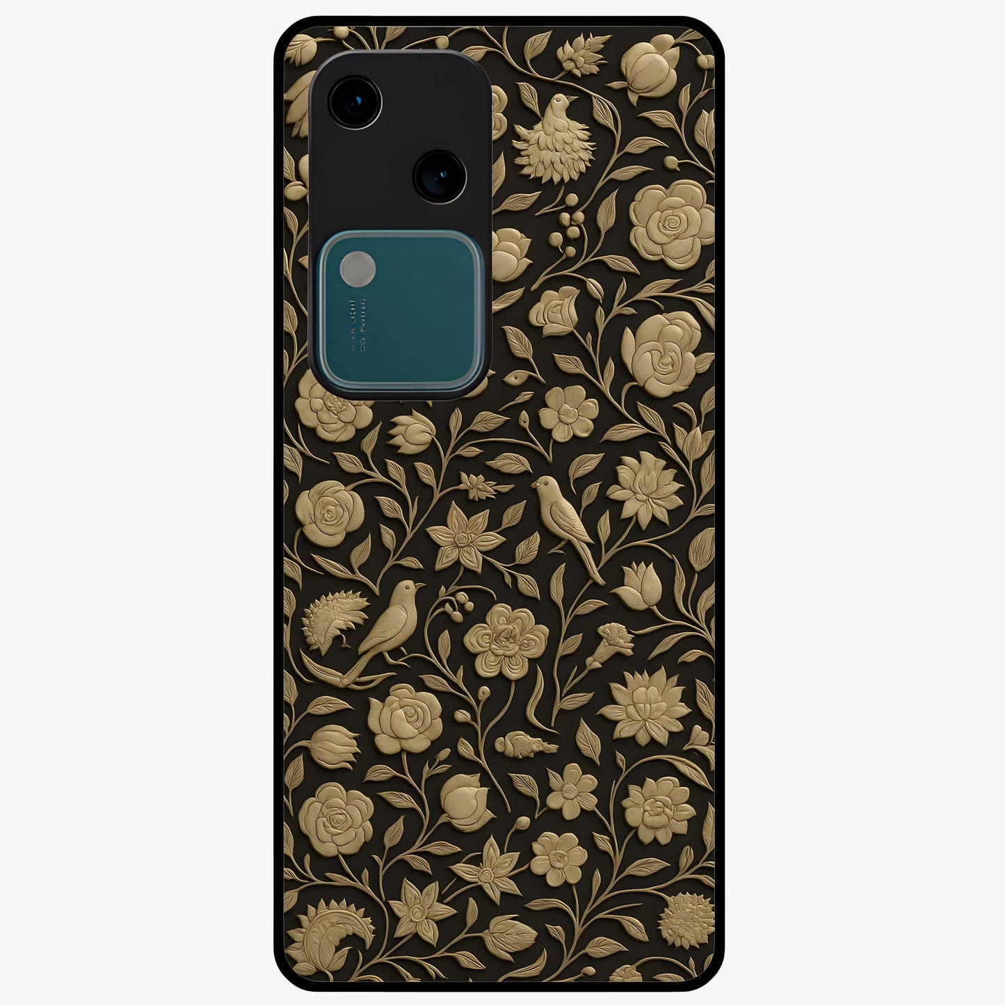 Golden Floral Majesty Glass Case showing flat back view with luxurious golden floral artwork and glossy glass finish.
