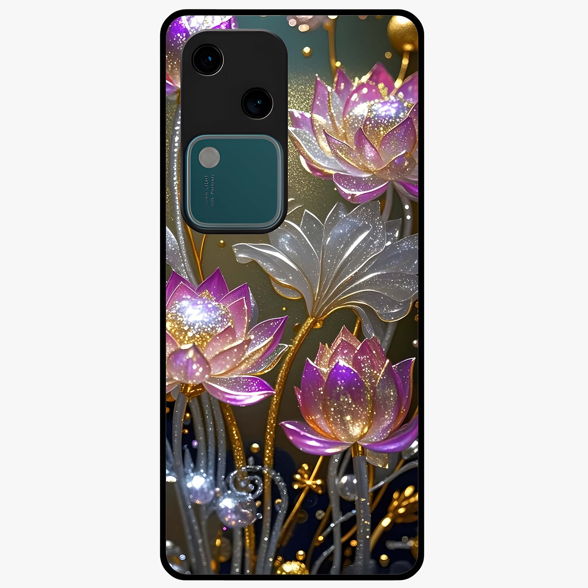Golden Lotus Glow Glass Case showing flat back view with glowing lotus flower artwork and glossy glass finish.