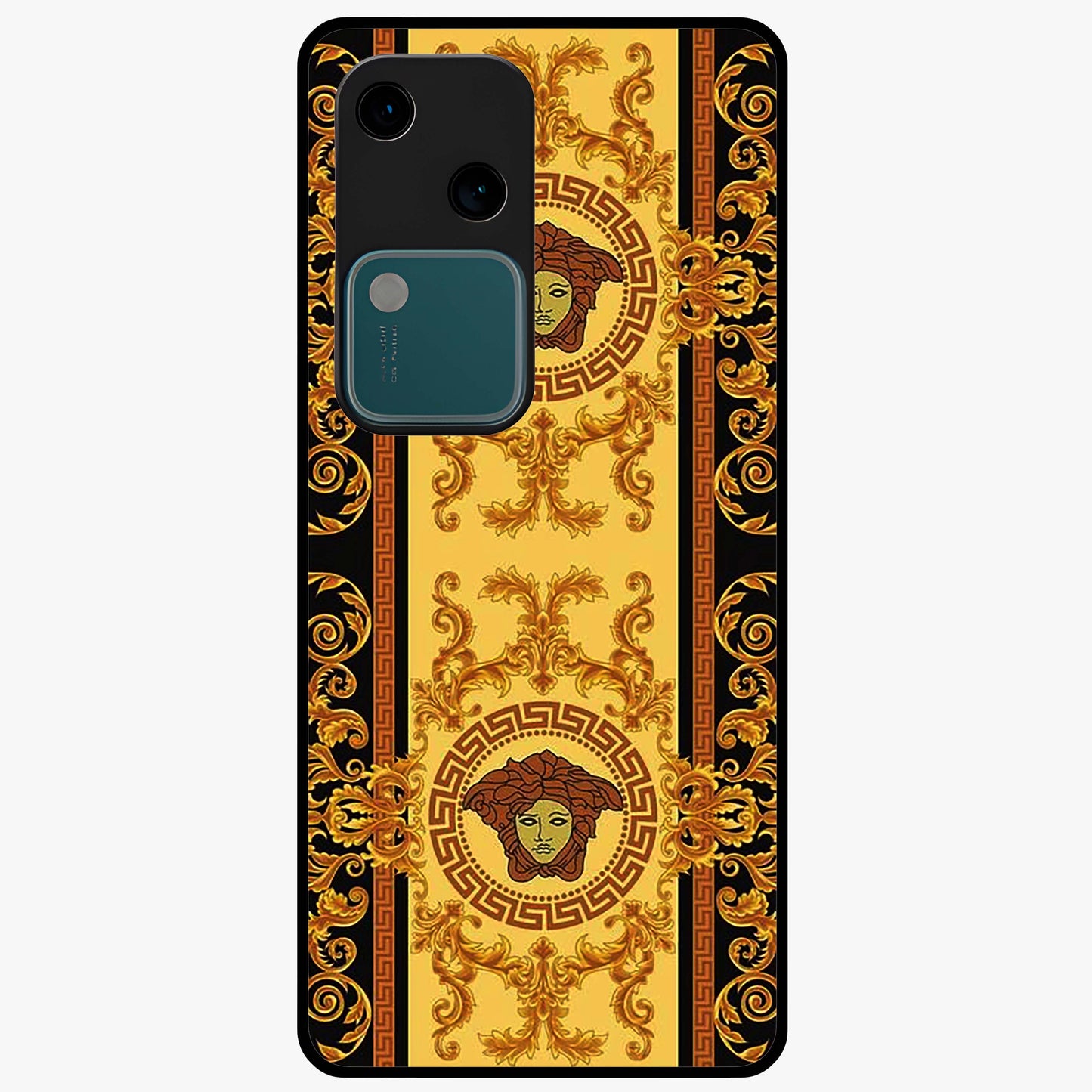 Golden Royal Heritage Glass Case showing flat back view with ornate royal pattern artwork and glossy glass finish.