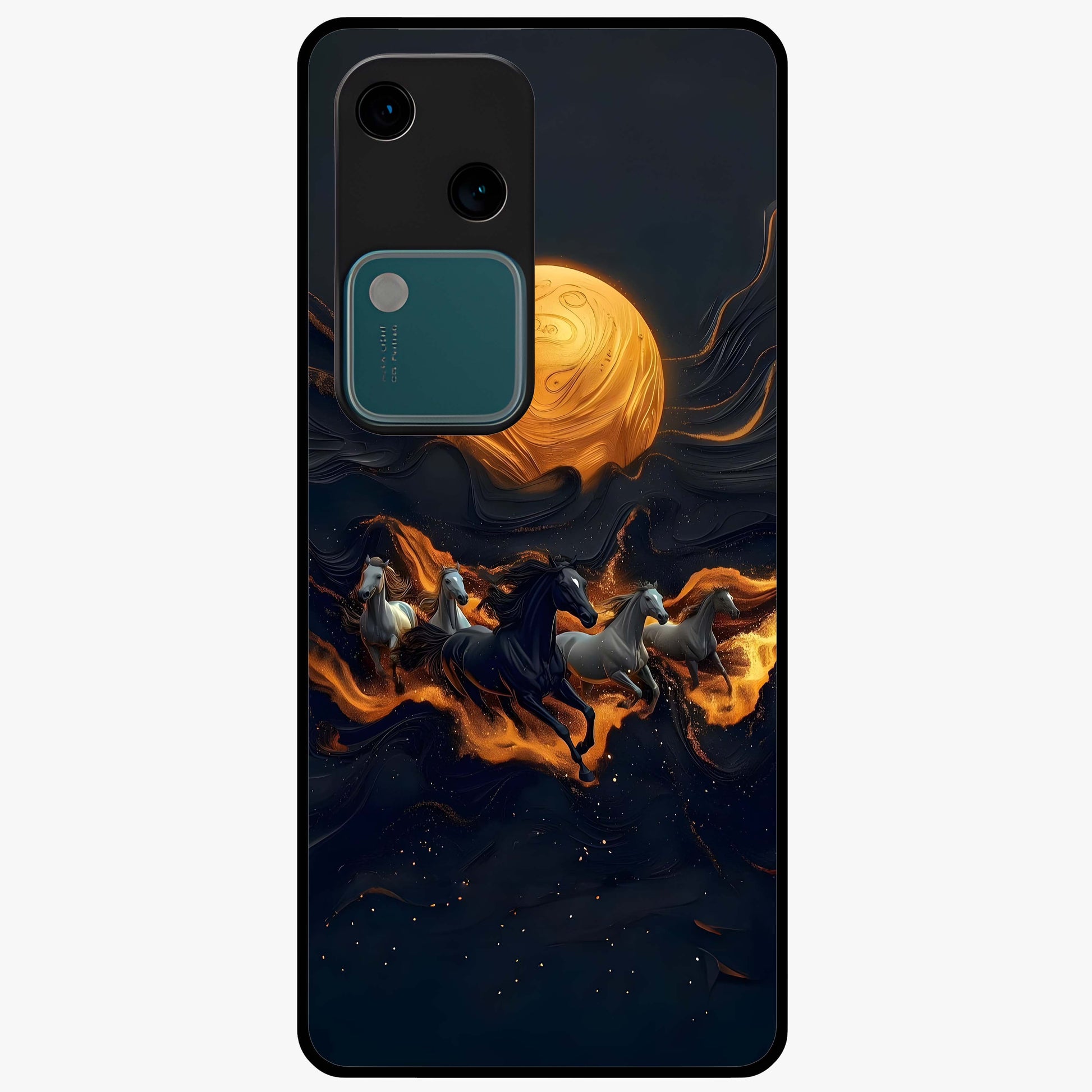 Golden Stallion Moonride Glass Case showing flat back view with majestic horse under moonlight artwork and glossy glass finish.