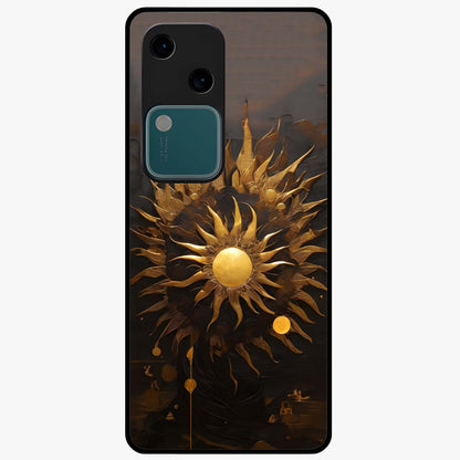 Golden Sun Majesty Glass Case showing flat back view with radiant golden sun artwork and glossy glass finish.