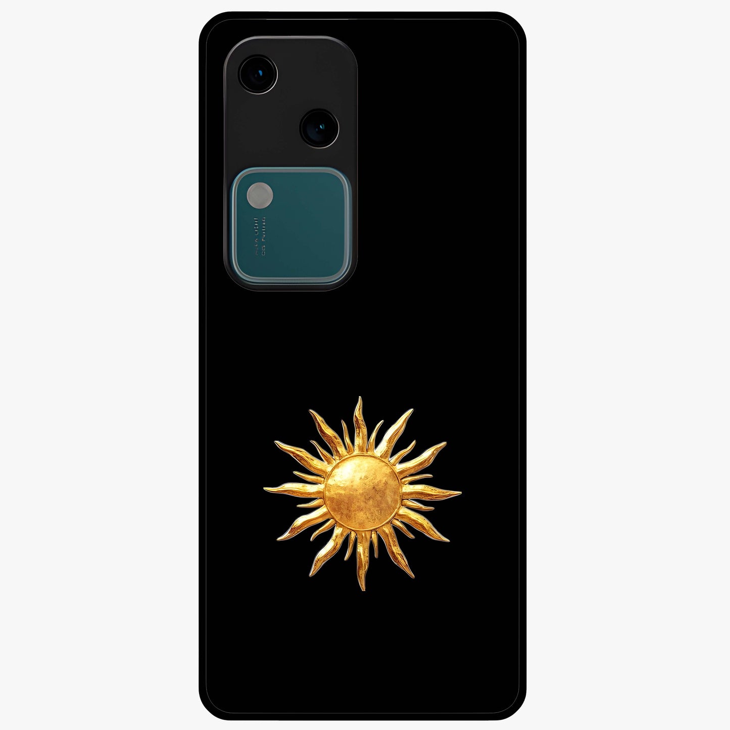 Golden Sun Minimalism Glass Case showing flat back view with minimal golden sun artwork and glossy glass finish.
