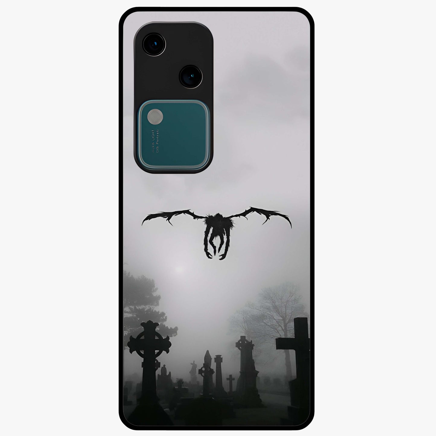 Graveyard Shadow Descent Glass Case showing flat back view with dark graveyard themed artwork and glossy glass finish.