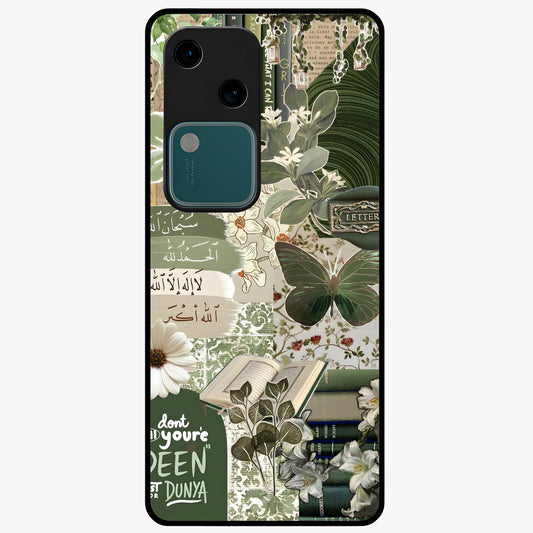 Green Islamic Books Quotes Glass Case showing flat back view with Islamic quotes and book themed artwork and glossy glass finish.