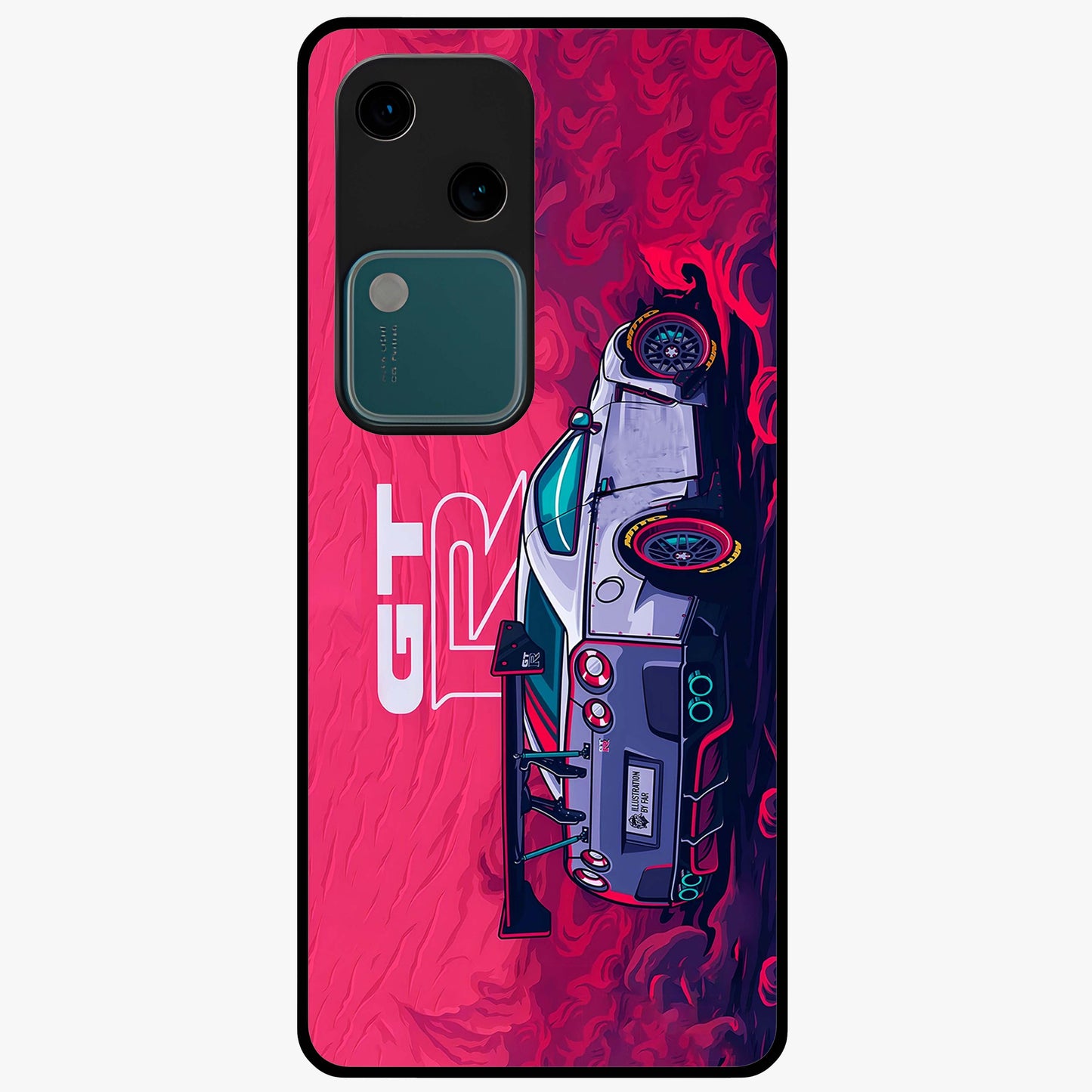 GT-R Car Pattern Glass Case showing flat back view with sporty car inspired pattern artwork and glossy glass finish.