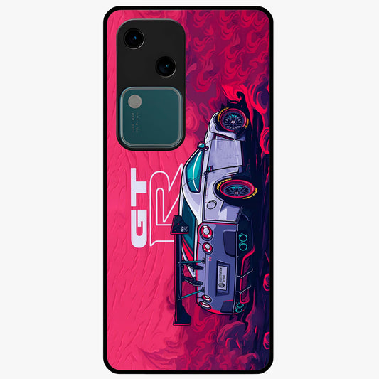 GT-R Car Pattern Glass Case showing flat back view with sporty car inspired pattern artwork and glossy glass finish.