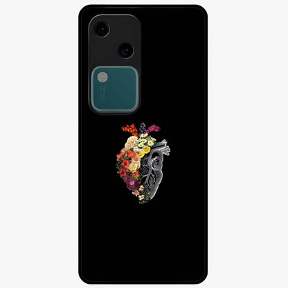Heart With Flowers Glass Case showing flat back view with heart shaped floral artwork and glossy glass finish.