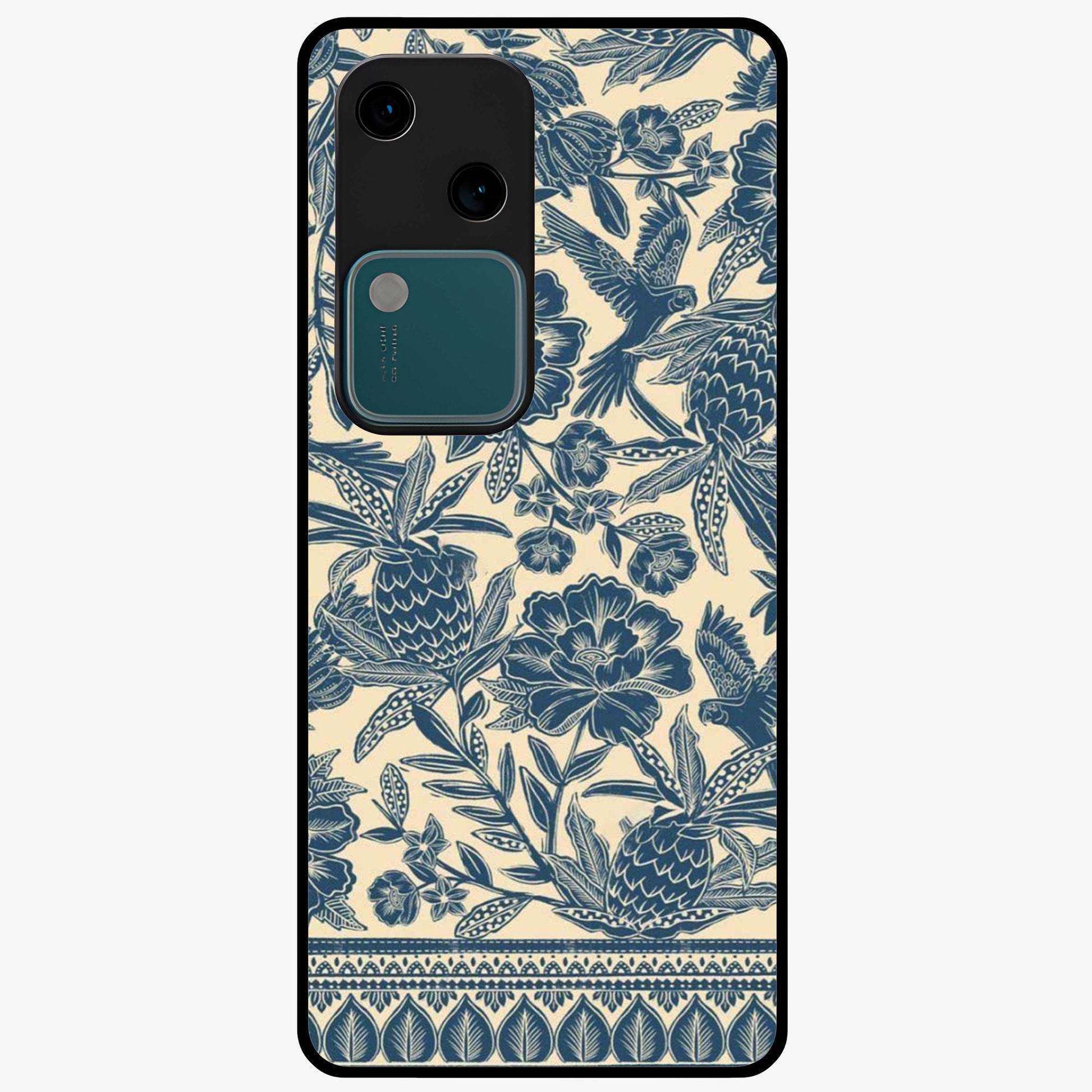 Heirloom Wild Bloom Glass Case showing flat back view with vintage inspired wild flower artwork and glossy glass finish.