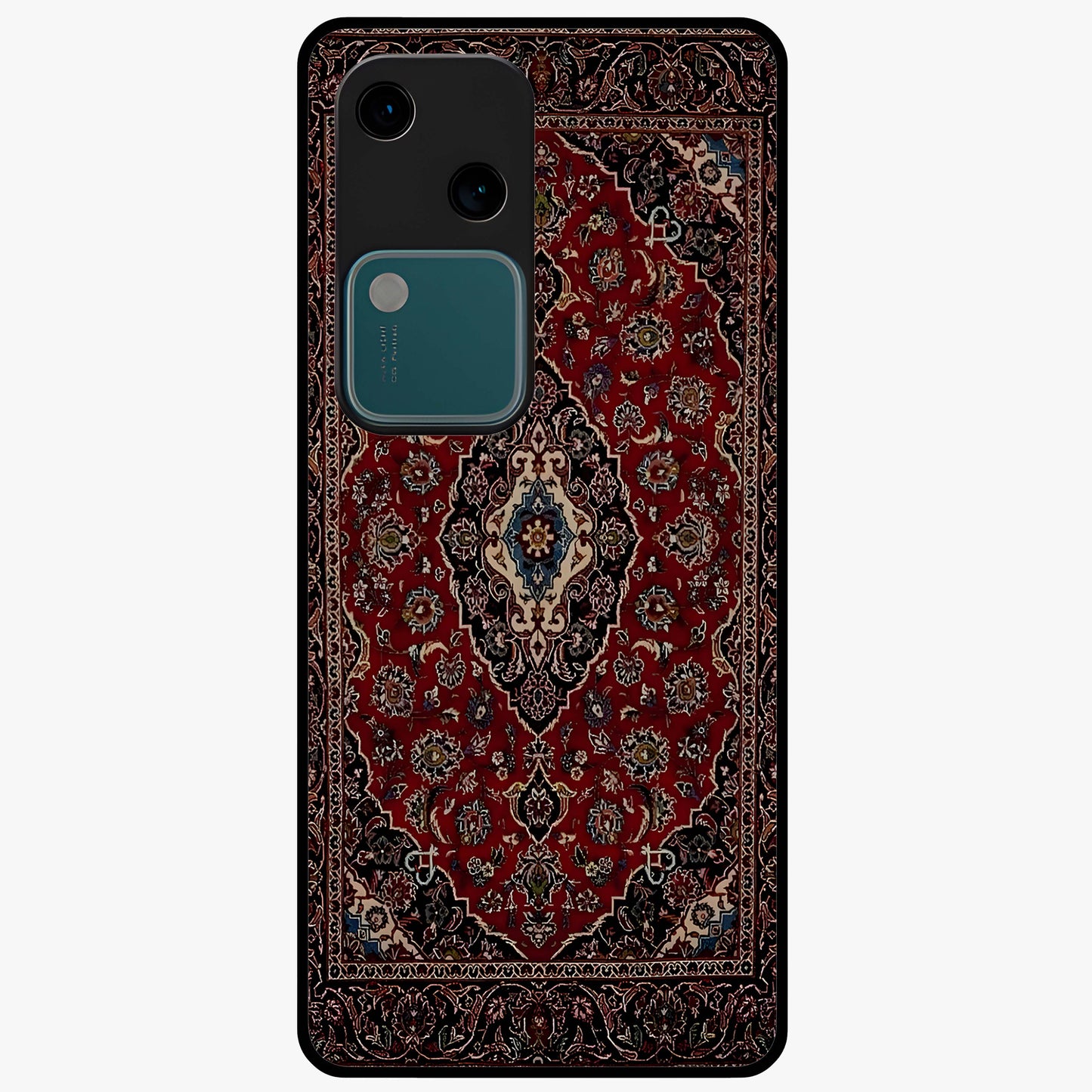 Heritage Carpet Royale Glass Case showing flat back view with ornate Persian carpet inspired pattern and glossy glass finish.