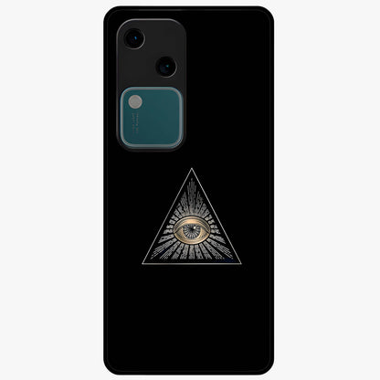 Illuminati Evil Glass Case showing flat back view with mysterious illuminati symbol artwork and glossy glass finish.