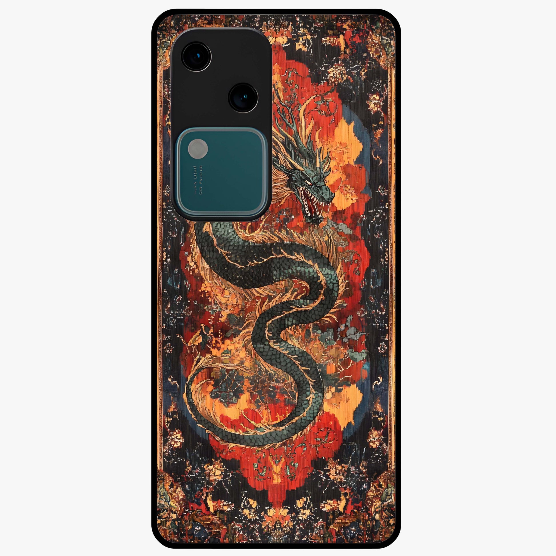 Inferno Dragon Soul Glass Case showing flat back view with fiery dragon artwork and glossy glass finish.