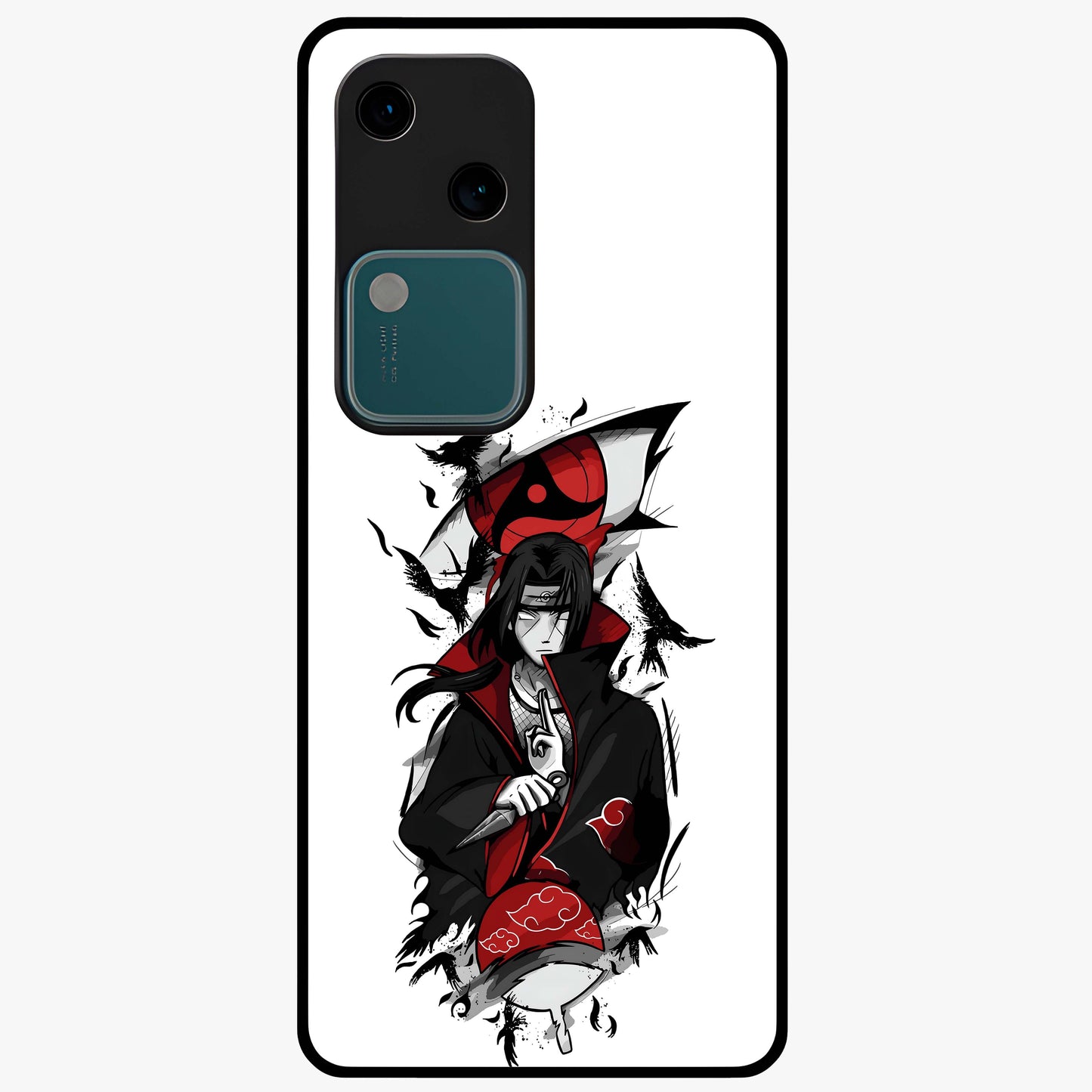 Itachi Sharingan Glass Case showing flat back view with powerful anime eye artwork and glossy glass finish.